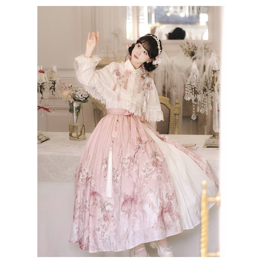 中華ロリ｜桜雨 漢服風トップス・花柄スカート・ケープ3点セット