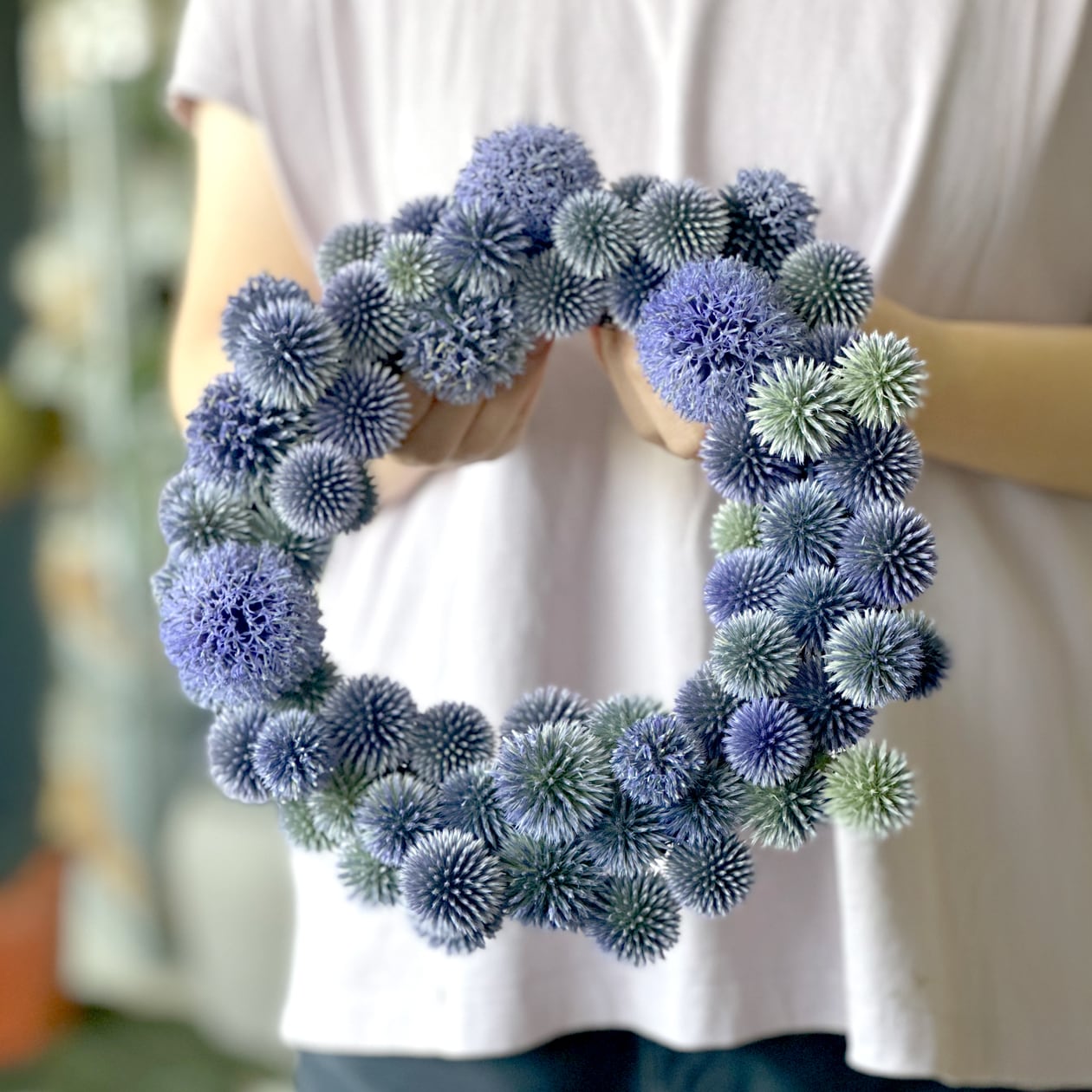 紫陽花と瑠璃玉あざみリース 瑠璃玉アザミのリース | 花工房あげたけONLINE