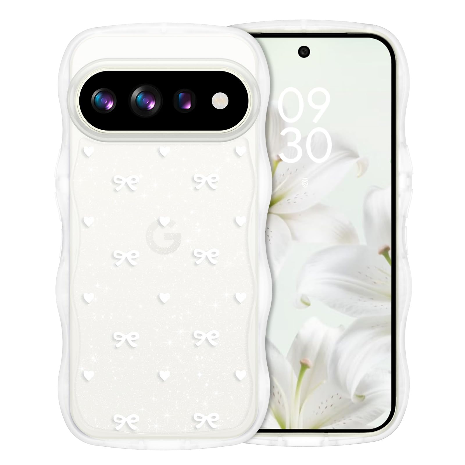 GUAGUA Google Pixel 11/11 Pro ケース クリア ウェーブ ハート&リボン キラキラ グーグルかわいい スマホカバー