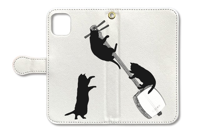 (iPhone用)三味線と黒猫の手帳型スマホケース