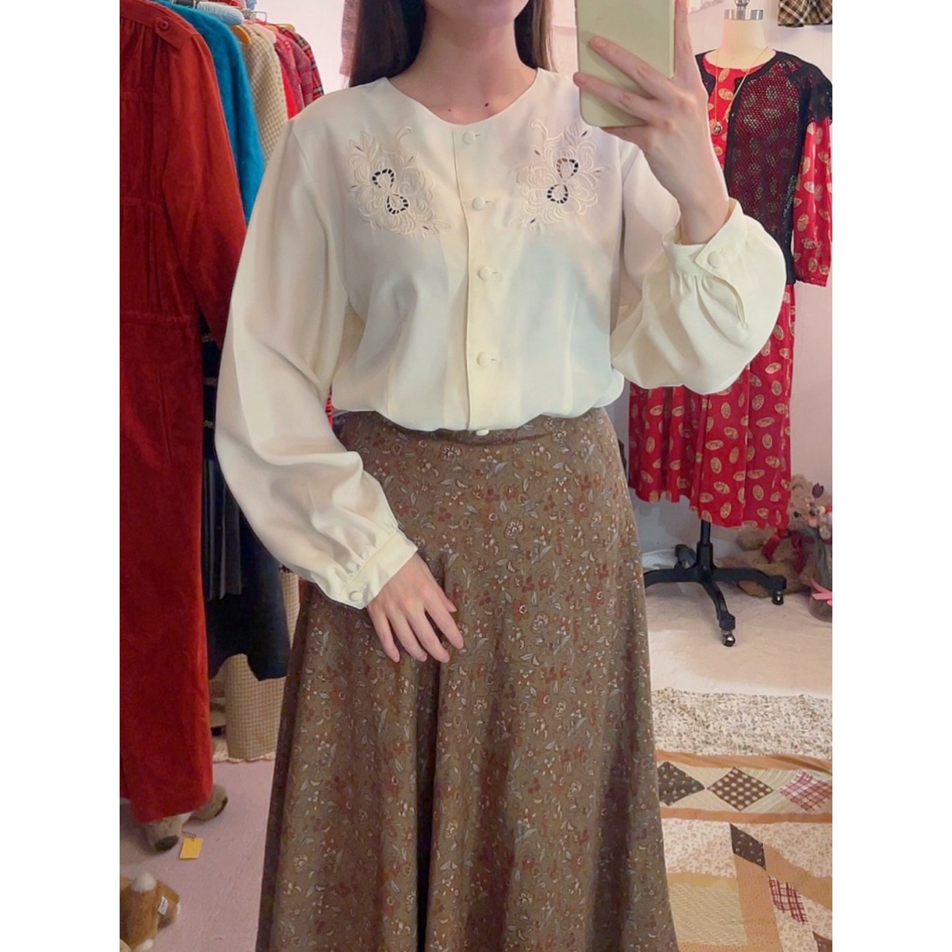 ribbon botanical embroidery blouse