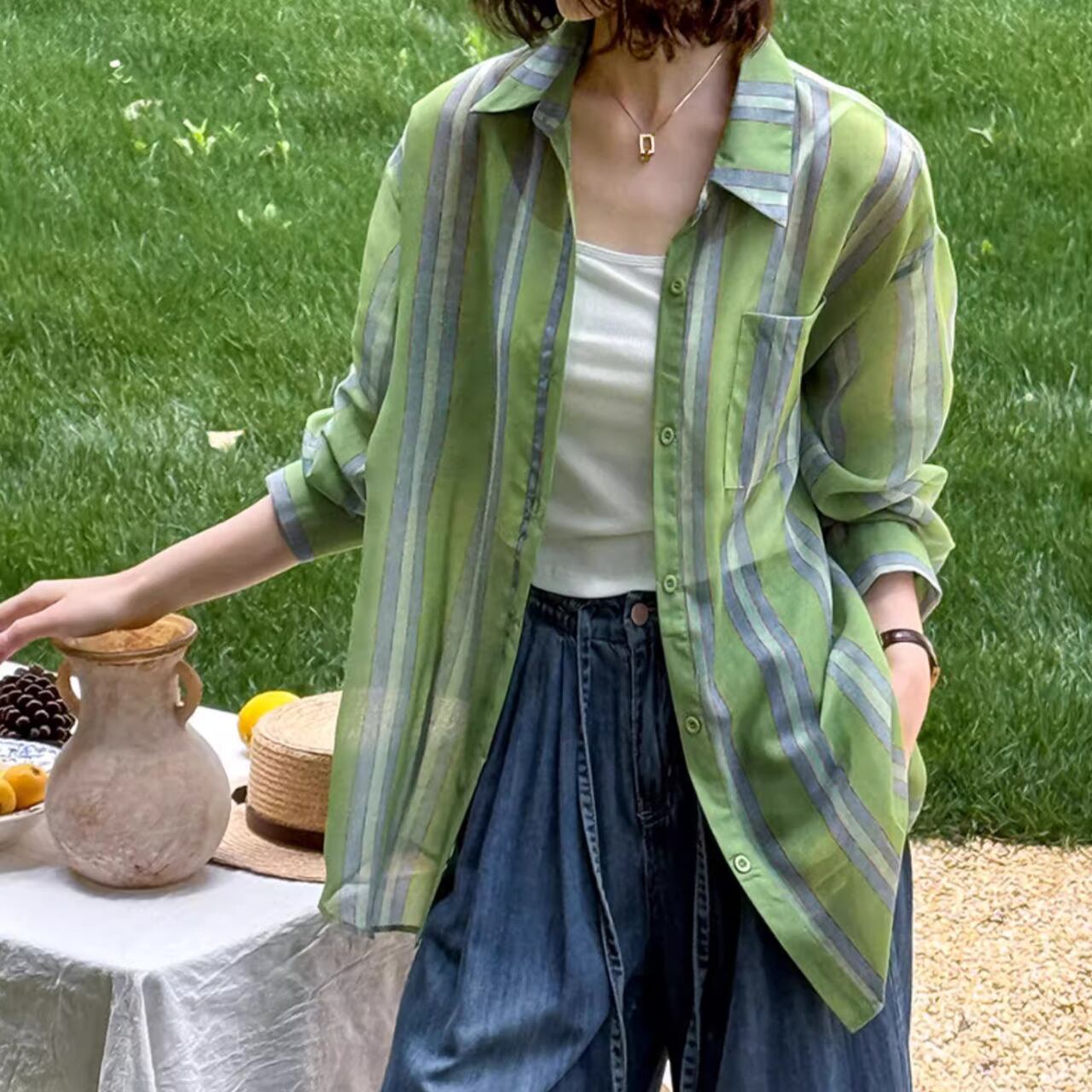 Stripe pattern long sleeve oversized shirt 2040