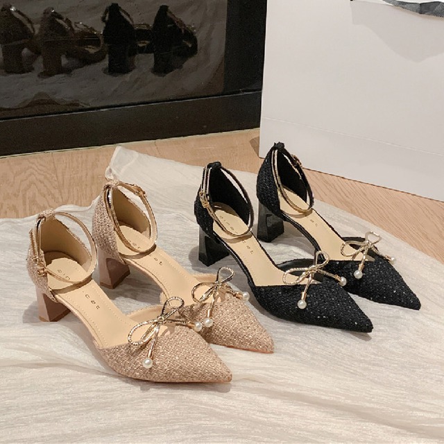 2colors シューズ パンプス ツイード ストラップ＆蝶リボン ローヒール ブラック ライトブラウン 6CM