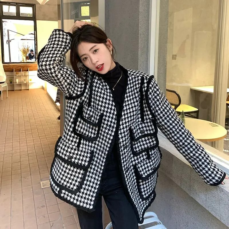 ウールジャケット ブレザー レトロ チェック カジュアル ルーズ