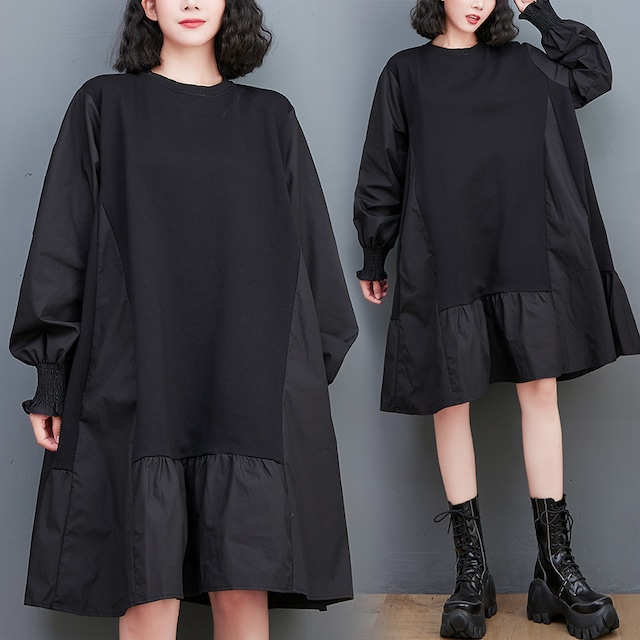 BLACK STITCH DESIGN ROUND NECK A-LINE MINI PULLOVER DRESS 1color M-7688