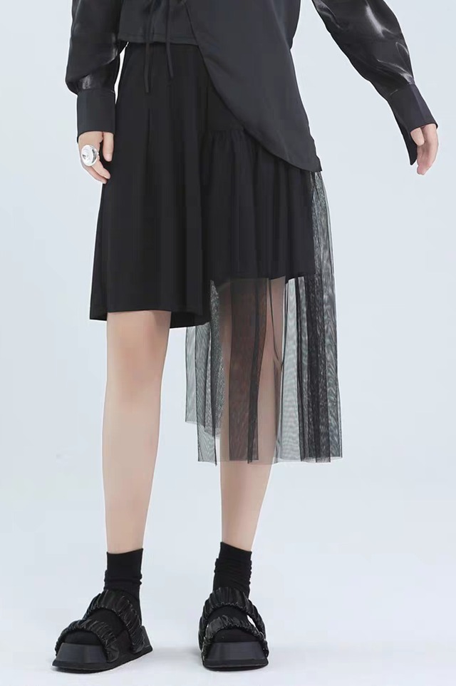 irregular mid-length mesh skirt pants