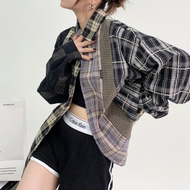 長袖 チェック柄 ドッキング オーバーサイズ シャツ L00033