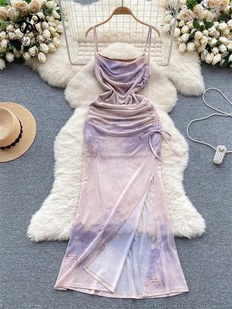 Sing補強-女性用タイダイメッシュスリングドレス、スリムフィットボディコンドレス、スイングカラー、バックレスドローストリング、分割、サマービーチパーティードレス_163