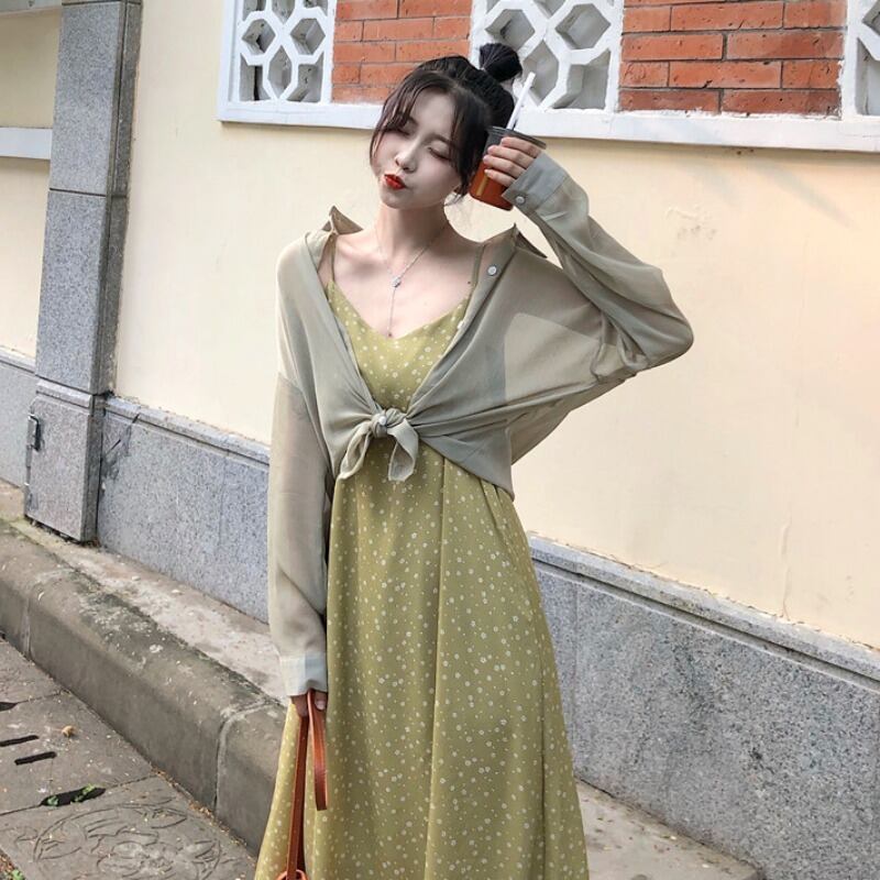 セット2020新しい女性のスタイルのスリング花柄ドレス長袖日焼け止めシャツツーピースウエスタンスタイル 1号婦人5196401038