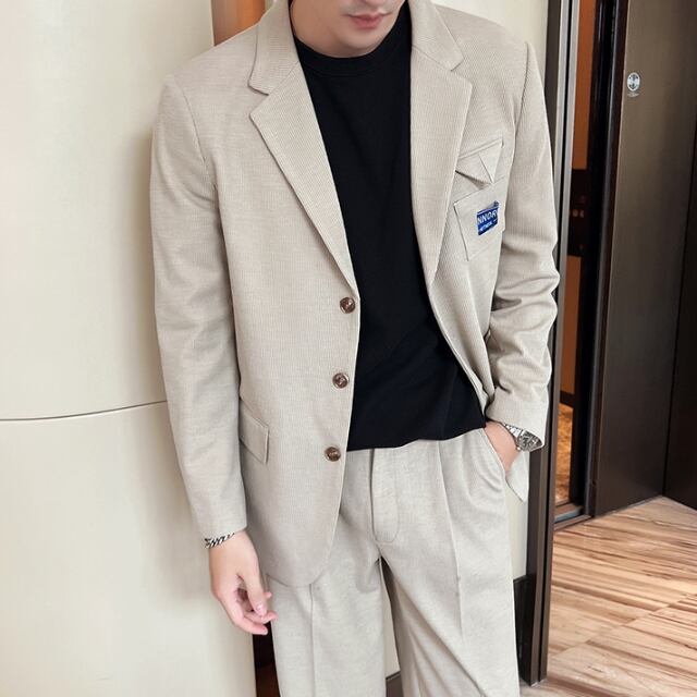 予約販売】メンズ セットアップ スーツ 無地 シック 胸タグ 男前