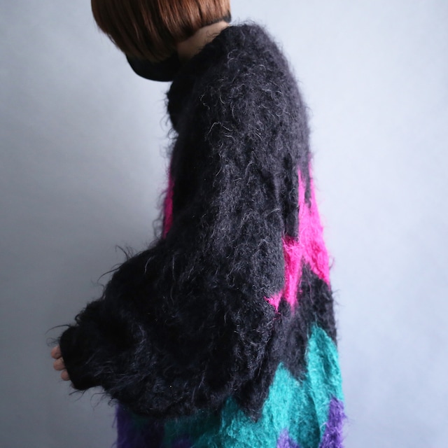 "mokemoke" psychedelic poison color pattern knit coat jacket