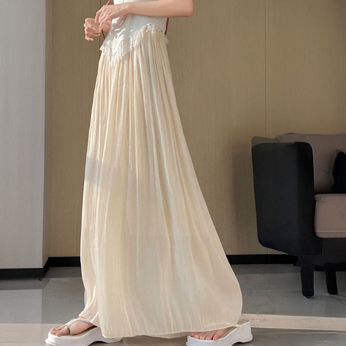 シアー ワイドパンツ レディース 春夏 韓国 接触冷感 きれいめ おしゃれ 大人 カジュアル シンプル フレアパンツ 体型カバー 光沢感 ハイウエスト 涼しい 大人可愛い 大人女子