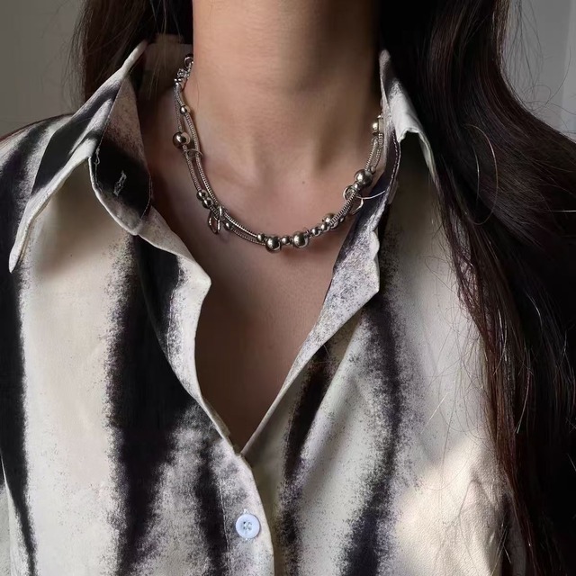 sliver ball chain neckless /シルバーボールチェーンネックレス　韓国アクセ　ユニセックス　y2kアクセサリー　重ねネックレス　カップル　お揃い　ユニセックス　メンズブレスレット　おしゃれネックレス　LL25030301