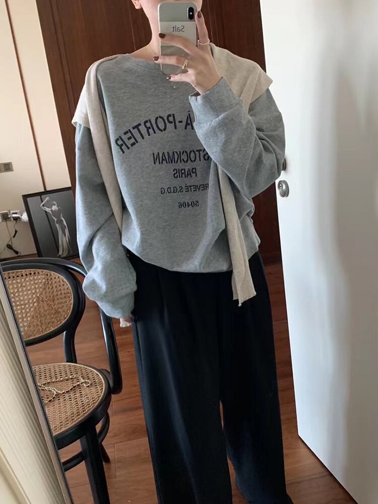 プリントセーター レディースオータムルーズラウンドネックプルオーバー ロング 秋物 Oネック ビッグFスモールZ韓国39389355527