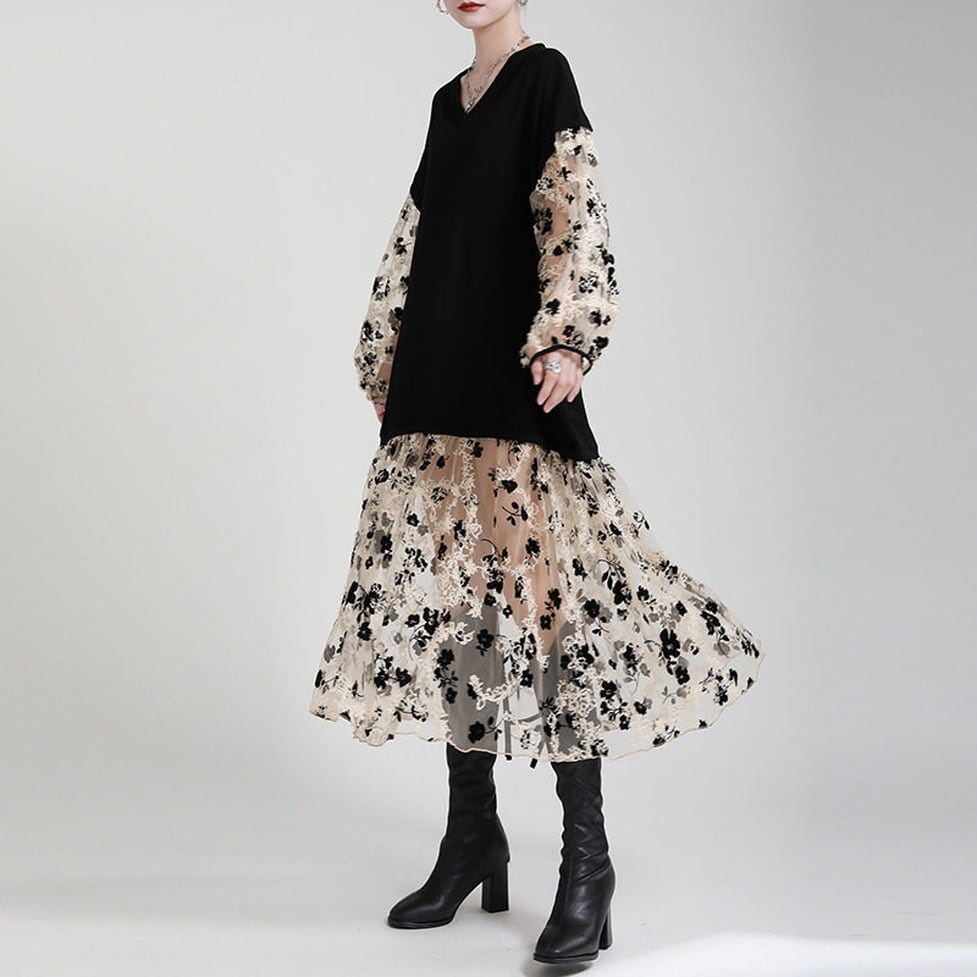 sheer flower combo onepiece / l0674