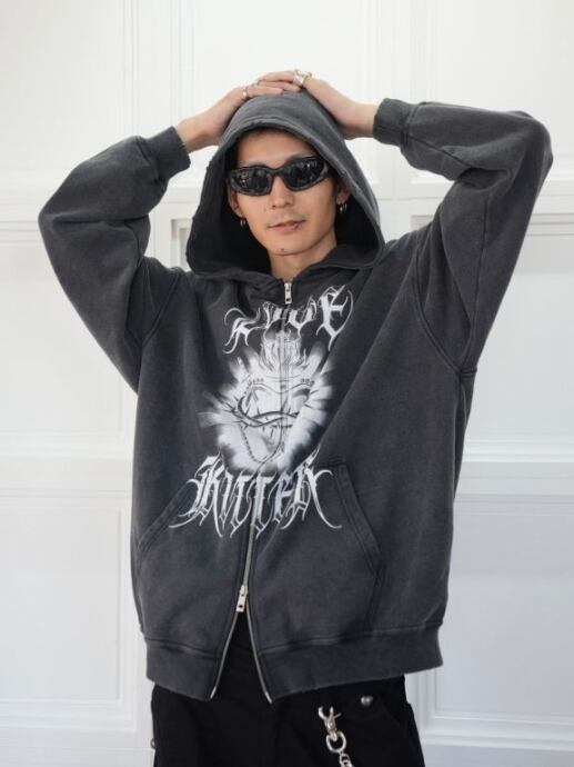 LOVE KILLER】Killer heart barbed wire oversize zip hoodie