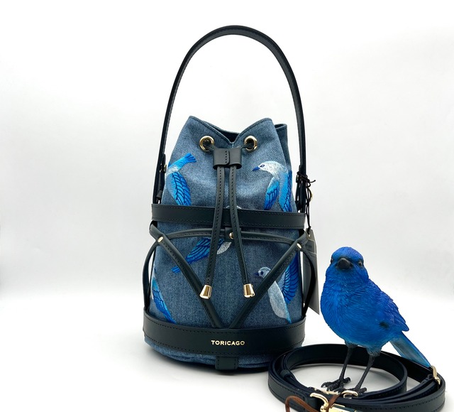 【TORICAGO_青い鳥◆デニム×ネイビー◆金具ゴールド】鳥籠モチーフデザイン＊褒められバッグ＊内袋を変えれば着せ替え可能