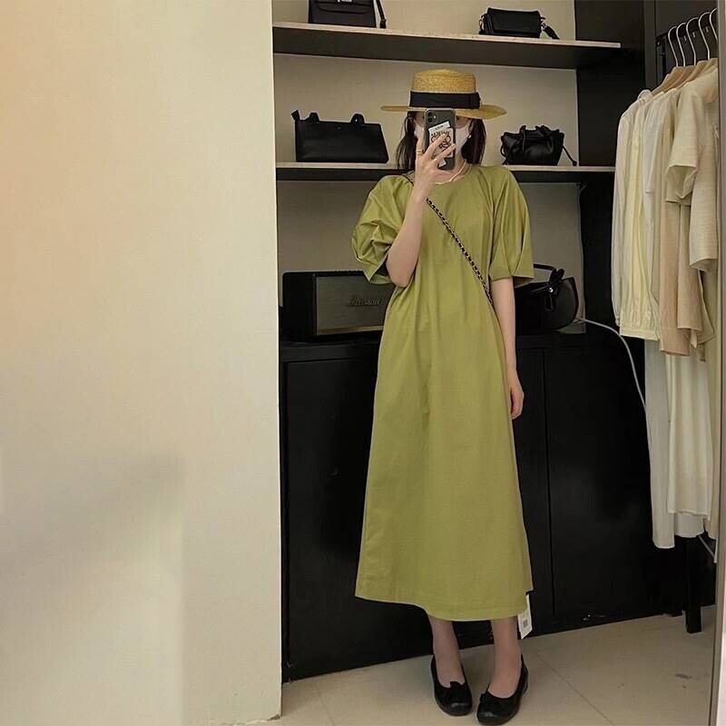 ワンピース レディース シャツワンピース ロング ロング丈 ミモレ丈 パフスリーブ 半袖 五分袖 5分袖 ランドネック ストレート ワイド かわいい 大人可愛い カジュアル きれいめ 上品 清楚 フェミニン おしゃれ お洒落 ラブリー キュート ガーリー 抜け感 主役級 抜け感 通勤 OL 学生 通学 デート お出かけ 女子会 休日 散歩 S M L XL ピンク グリーン 緑 春 夏 秋 10代 20代 30代 韓国 韓国系 着回し 普段使い プレゼント コーデ スタイル モテ トレンド 流行 送料無料