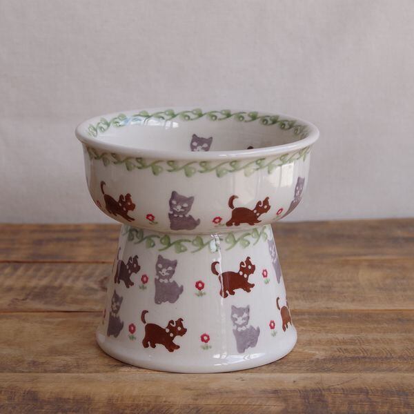 新品】ポーランド陶器 おしゃれ 猫 犬 高さのある エサ皿 フードボウル