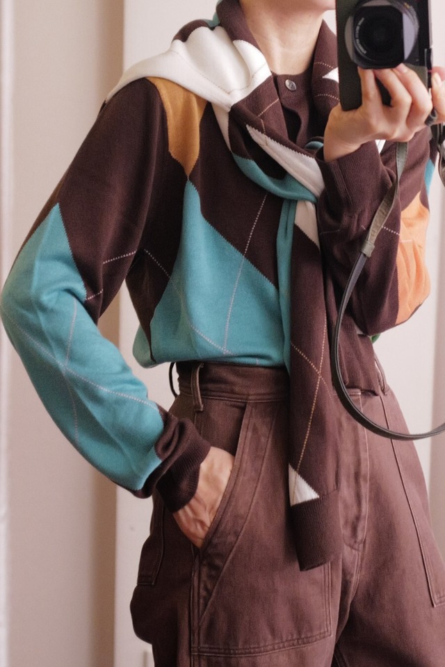 argyle crew knit cardigan brown