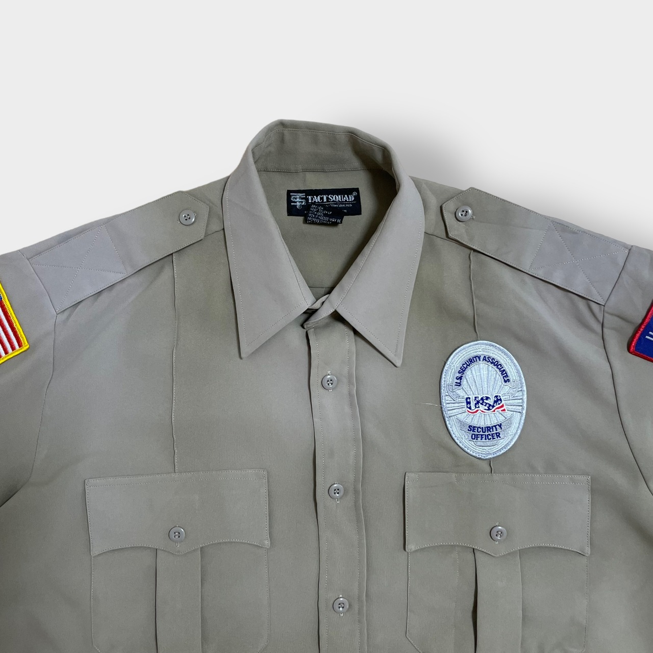 TACTSQUAD ミリタリーシャツ ワークシャツ エポーレット セキュリティ ワッペン ポリシャツ ベージュ L US古着