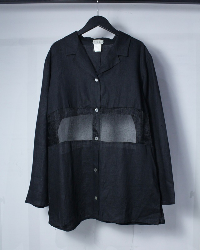 【Caka BLACK】Sheer Switching Vintage L/S Open Collar Linen Shirt