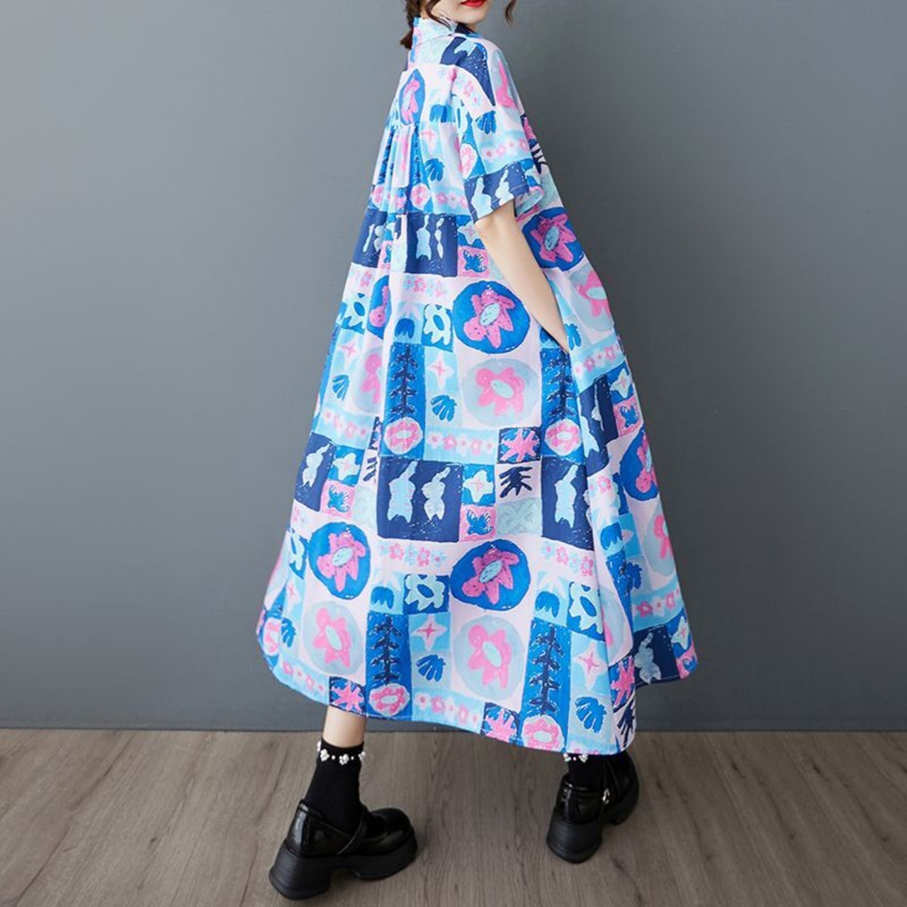 フラワーパッチワークプリント シャツワンピース  30089