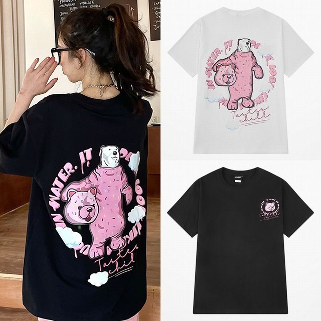 ユニセックス Tシャツ 半袖 クマの着ぐるみを着たシロクマ プリント オーバーサイズ ユニーク 韓国ファッション メンズ レディース カジュアル ストリート系 / Trendy loose bear in hip hop t-shirt (DTC-648470523029)