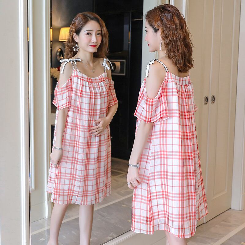 【新作】【送料無料】 新しいファッションシフォンチェック柄ミッドレングスオフショルダールーズマタニティドレスのマタニティウェア2019夏バージョン-アリババ サマー 夏物 expec245842725026