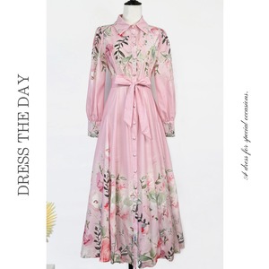 パフスリーブフラワーリボンドレス2色展開 D0094