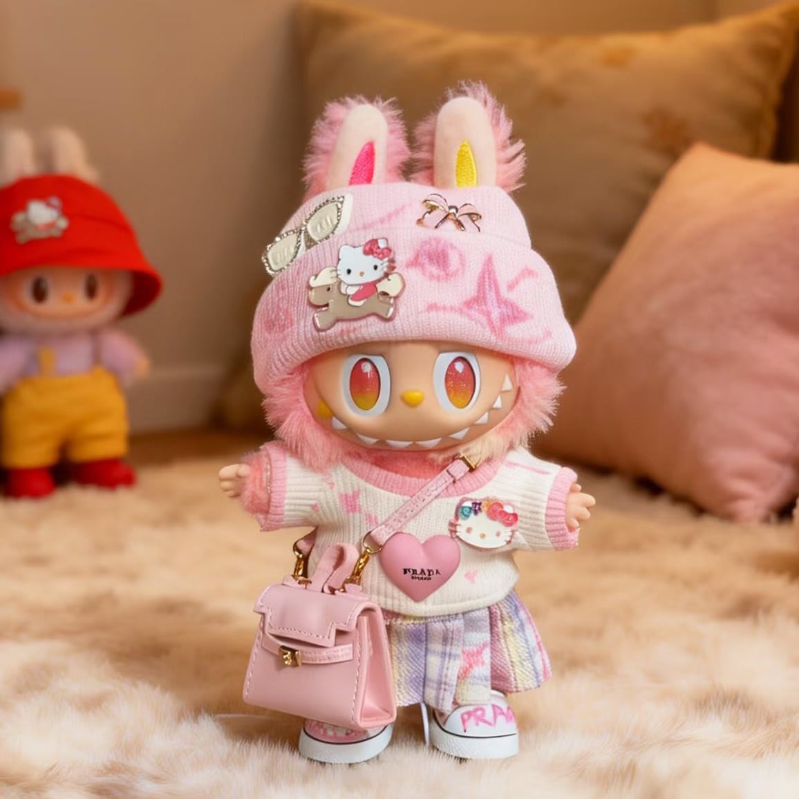 【少量製作】LABUBU ラブブ 新作コーデ! 17cm専用 ピンクキャットセット 斜めがけバッグ付き 甘すぎない上品ピンク フルセットで完成♡