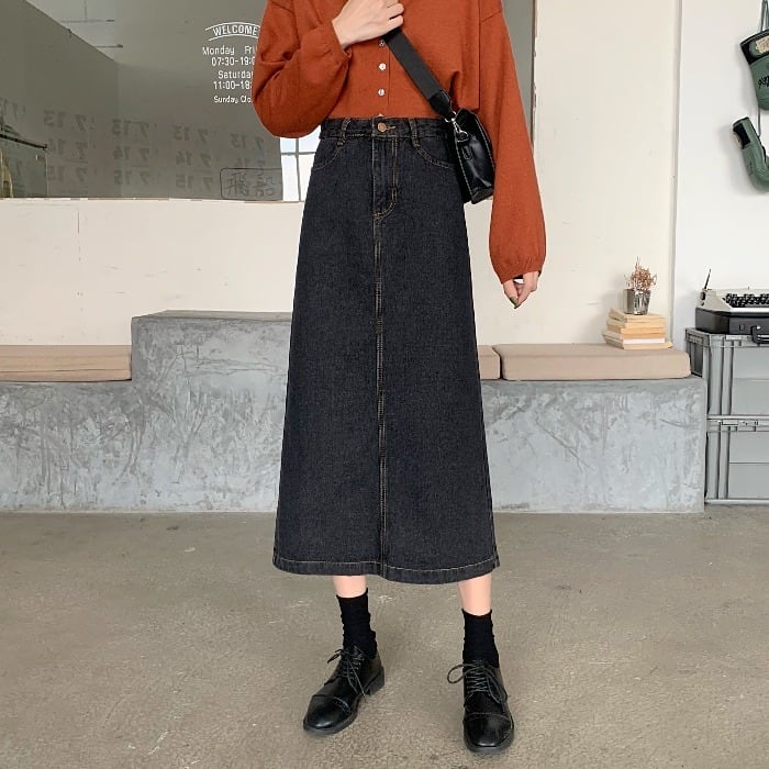 ブラックスカート スプリングオータムハイウェストウェスト薄手Aライン 春物 秋物 1号婦人51344932573