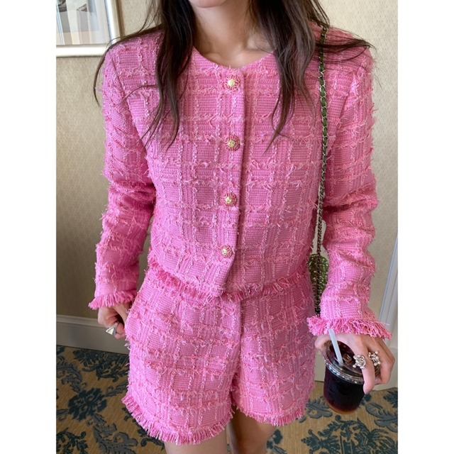 Pink tweed short jacket　M302