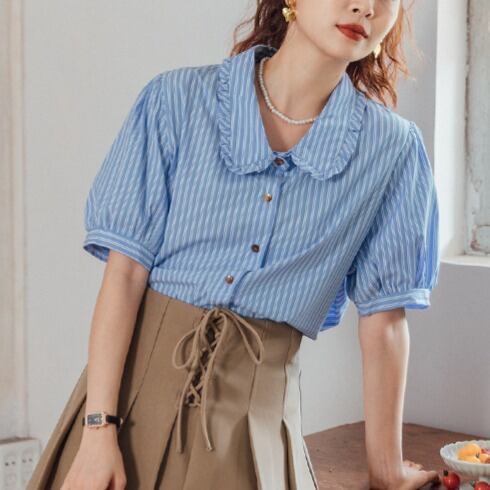 ストライプ柄半袖パフスリーブボタンダウンシャツ 00245