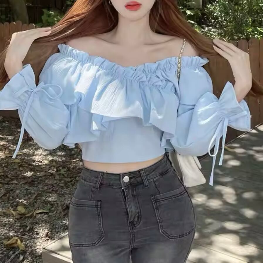フリルギャザーオフショルクロップドブラウス