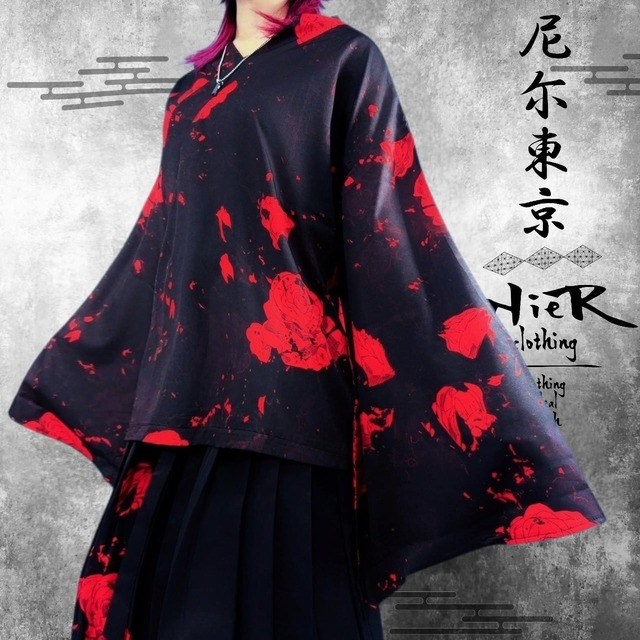 軽量着物袖UNISEXプルオーバー【紅和柄薔薇】