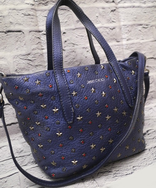 レア★JIMMY CHOO ジミーチュウ MINI SARA ミニサラ ☆スタッズ 2way クロスボディ レザー トート バッグ 青★ 斜め掛け可能な定番モデル♪