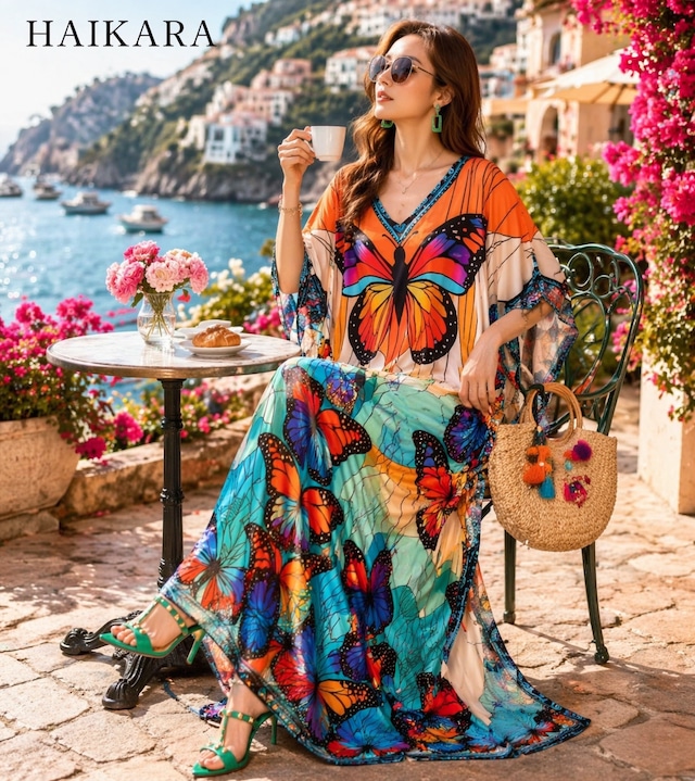 カラフルバタフライグラフィック オーバーサイズマキシワンピース