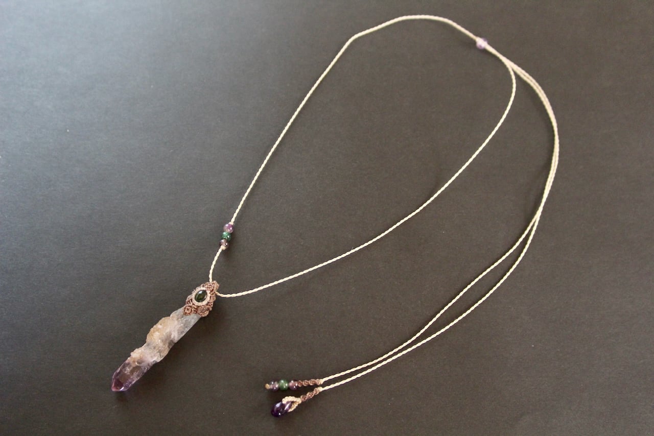 Amethyst point & Chrome Tourmaline  micro macrame pendant