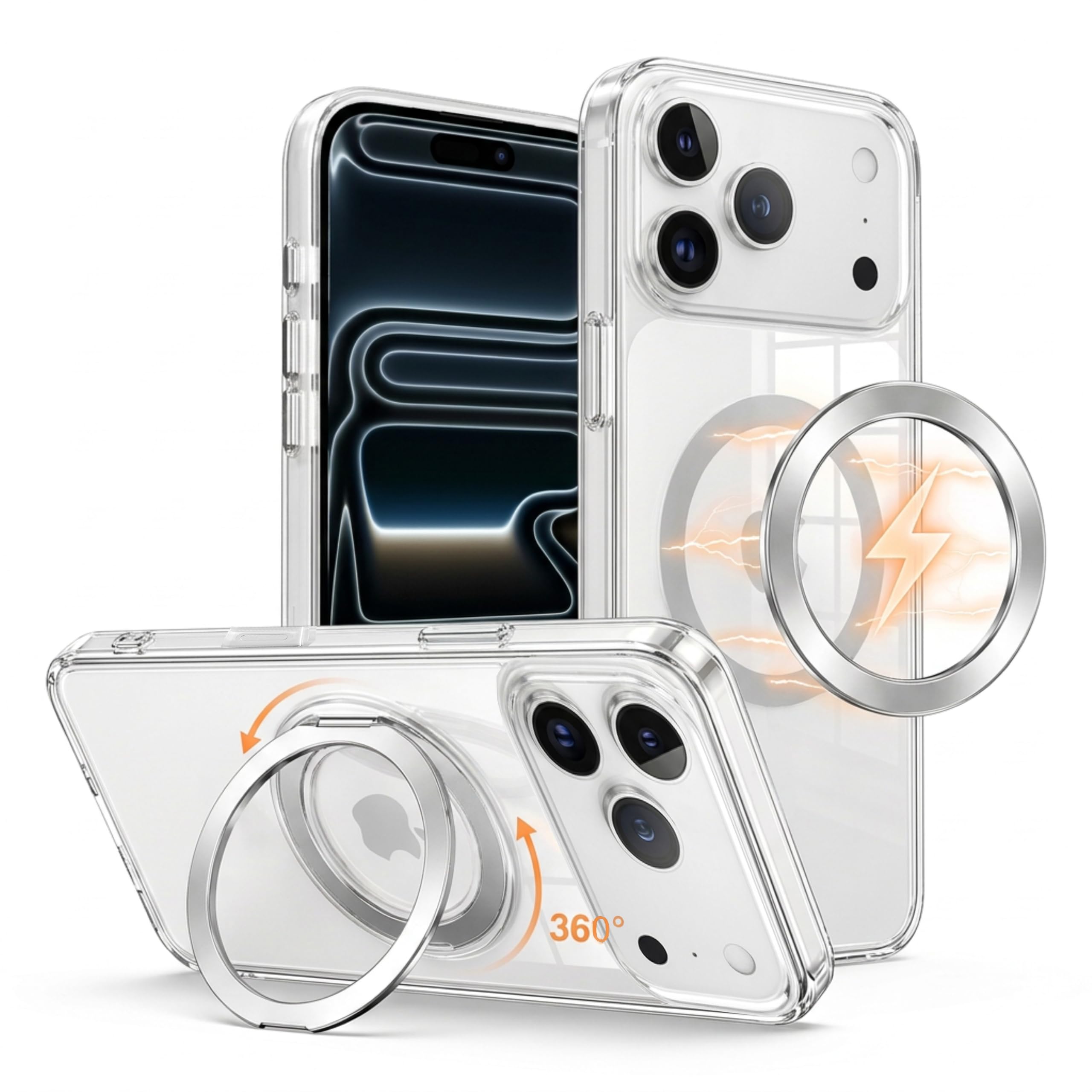iPhone18 Promax/17 Promax 用 ケース Magsafe対応 360°回転スタンド 縦横両対応 IIHOGO スマホケース 米軍規格 耐衝撃 透明 マグセーフ 黄ばみ防止 リング 冷蔵庫にピタッと貼れ マグネット搭載 カバー アイフォン18 Promax 用 6.9インチ対応「クリア」