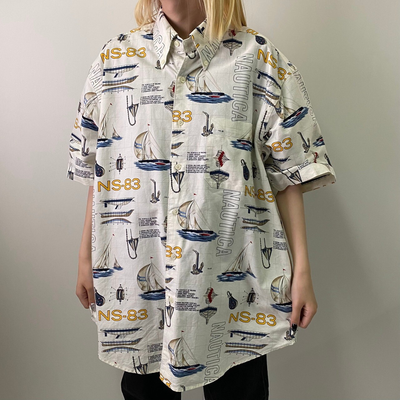 NAUTICA ノーティカ 総柄 半袖ボタンダウンシャツ ヨット柄 メンズL 