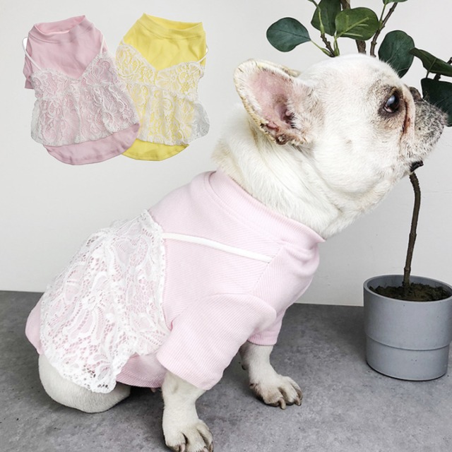【在庫売り尽くし、返品交換不可】【送料無料】KM250TS イエロー  ピンク レース フレブル Tシャツ フレンチブルドック 犬服 お嬢様