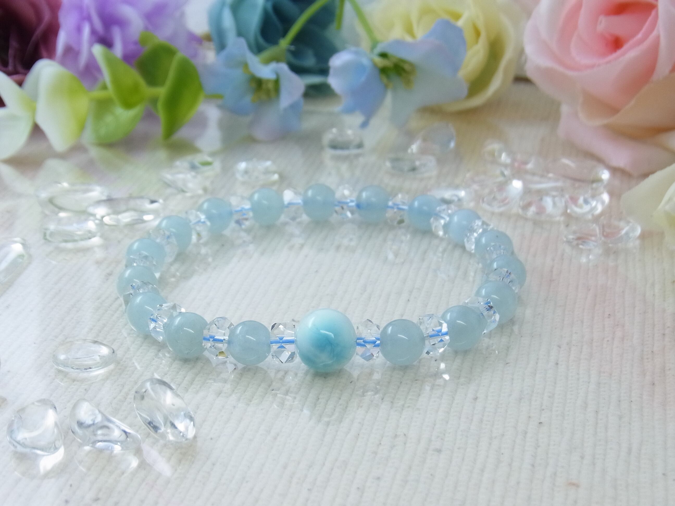 天然石ハンドメイドブレスレット　ラリマー　アクアマリン　ヒーリングストーン　夏色 ☆海の恋♥ひと粒 ラリマー アクアマリン 三月の誕生石 ブルー