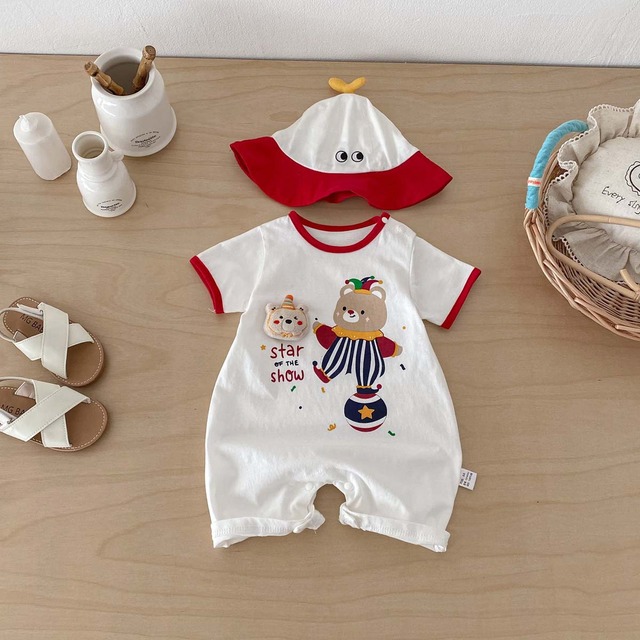 【BABY】スターショークラウンくまプリント半袖ロンパース - 3