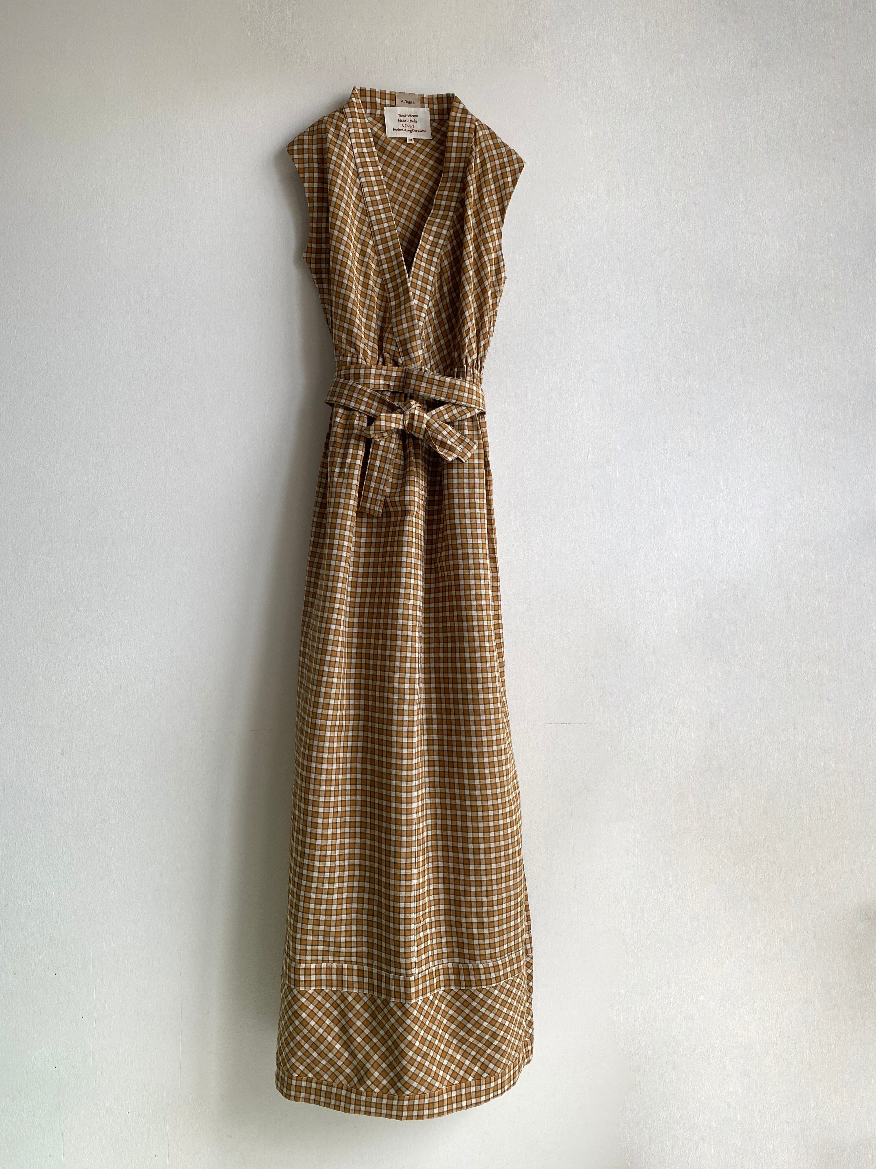 Deep v-neck long dress "yellow & white check" khadi cotton