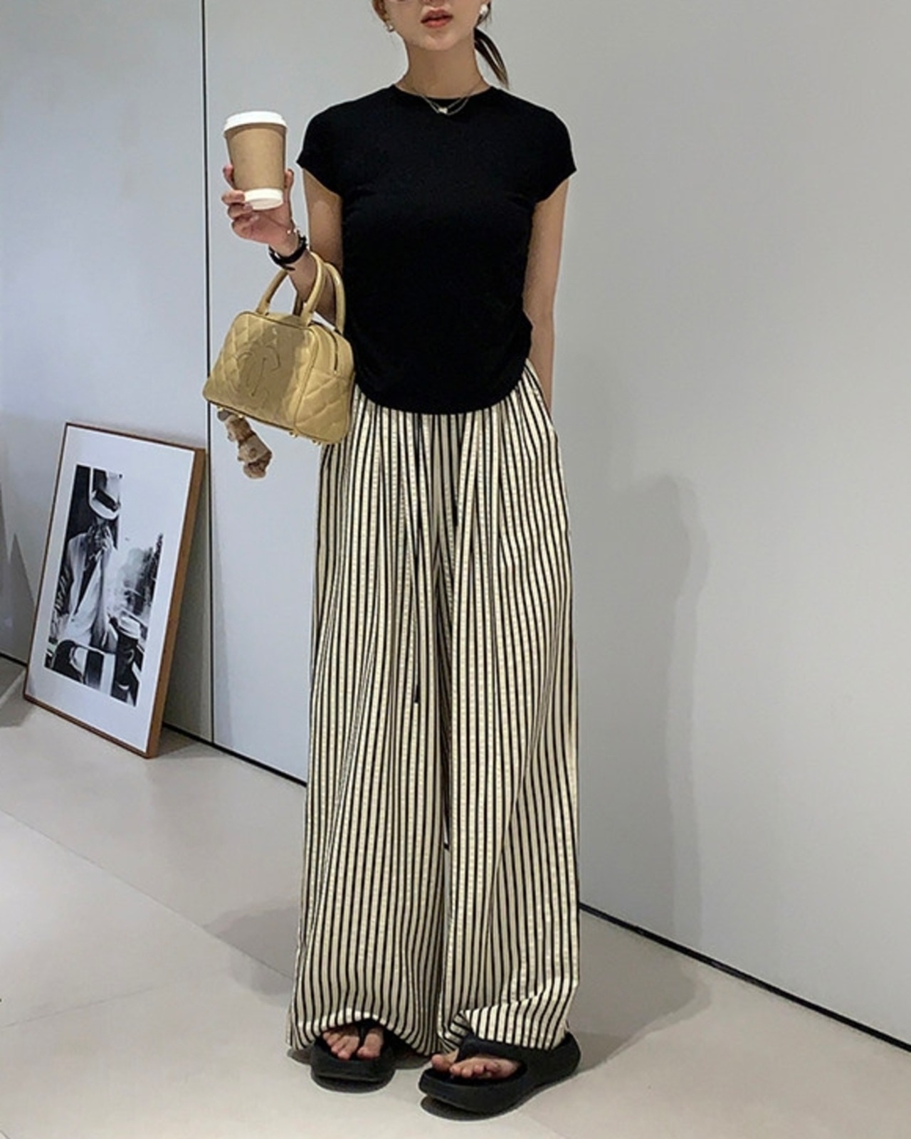 ストライプ柄ウエストゴムワイドロングパンツ A1079 - 2