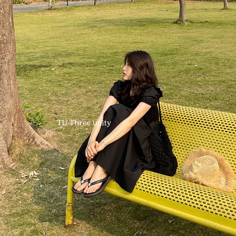 ドレス サマー薄手ラウンドネック半袖スリーブハイウェストウェストブラックスカート ショート ハーフスリーブ 夏物 Oネック ビッグFスモールZ韓国18567288671