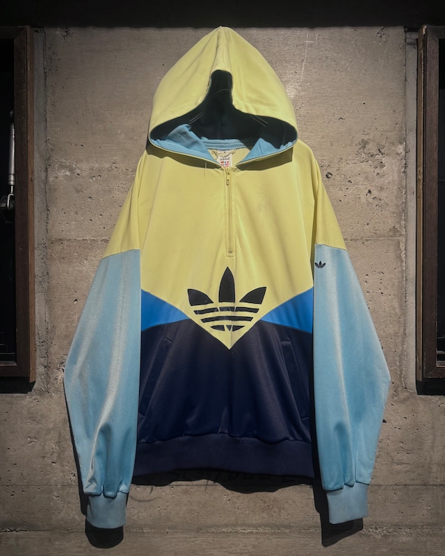 【Caka】80's “adidas” Switching Pattern Vintage Loose Half Zip Hoodie