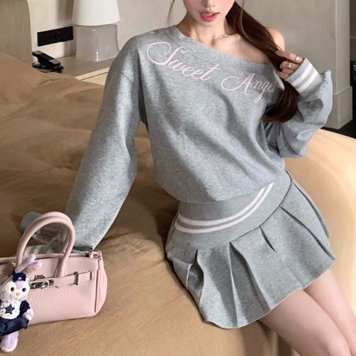 【2点セット】4色／レタリングオフショルトレーナー＋プリーツスカート ・71746