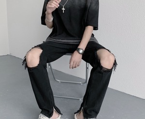 【韓国ファッション】ストリート ダメージ デニムパンツ スリムジーンズ
